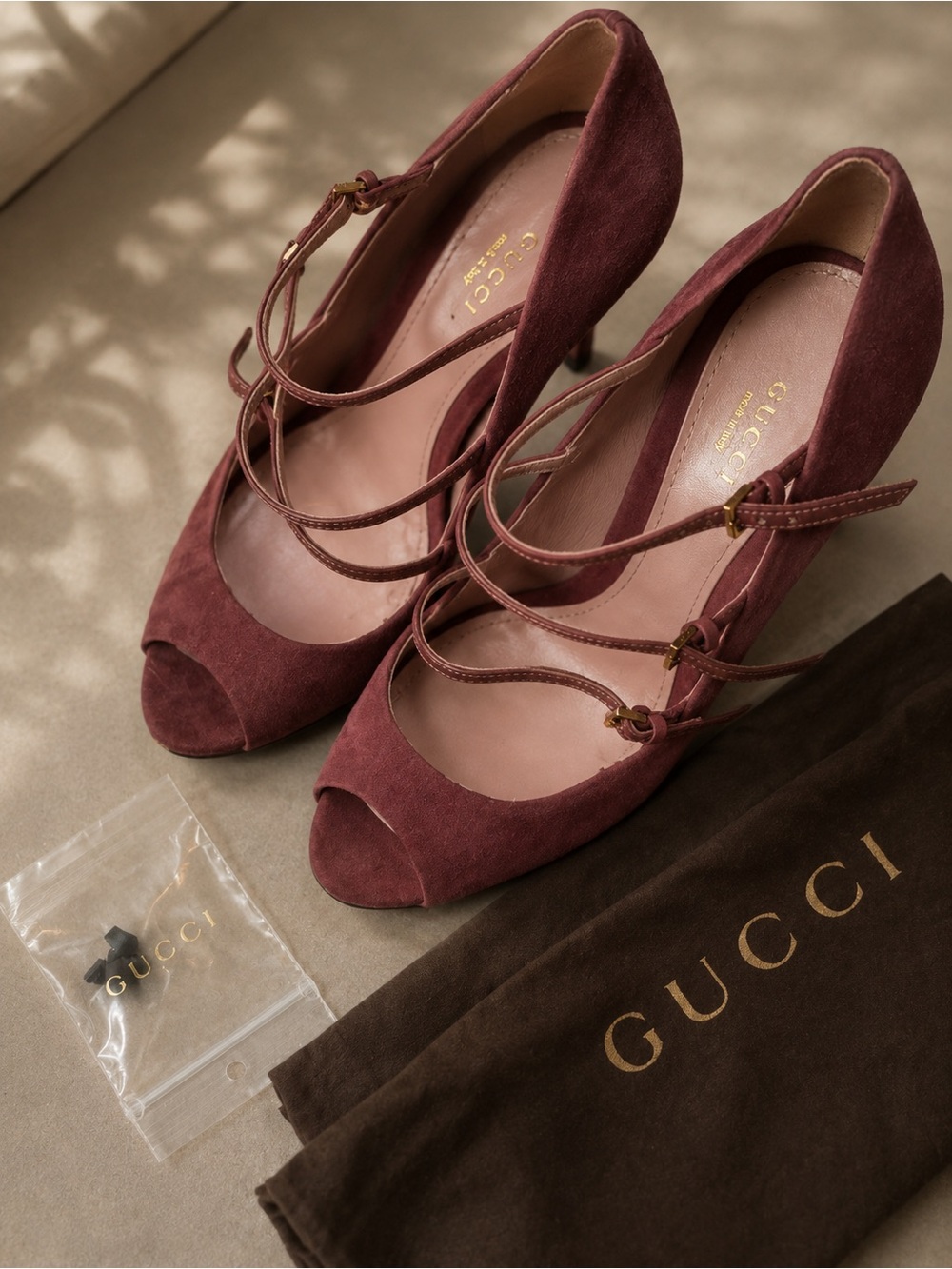 Gucci Wine Suede Peep-Toe Strappy Heels with Gold Buckles